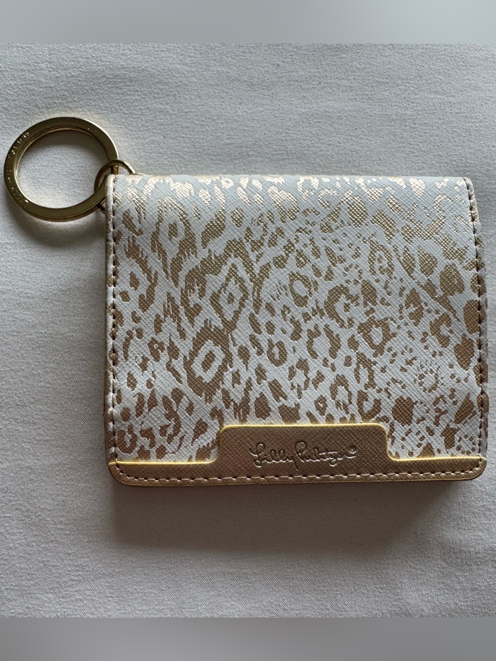 Lilly Pulitzer White and Gold Leopard Snap Card Case Gold Pattern Play